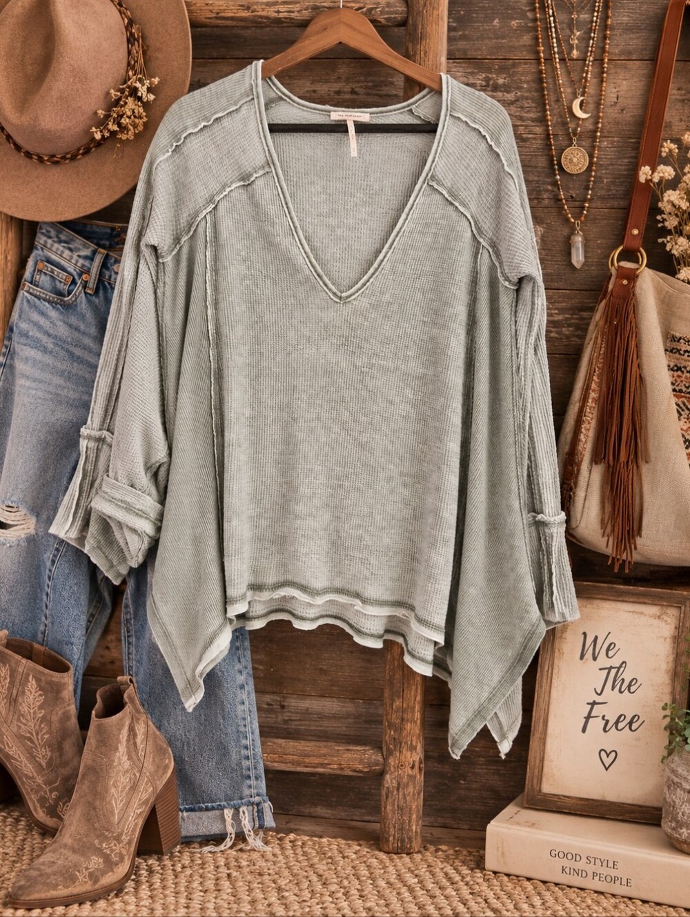 We The Free Free People XS Sage Waffle Knit Oversized Boho Thermal Top